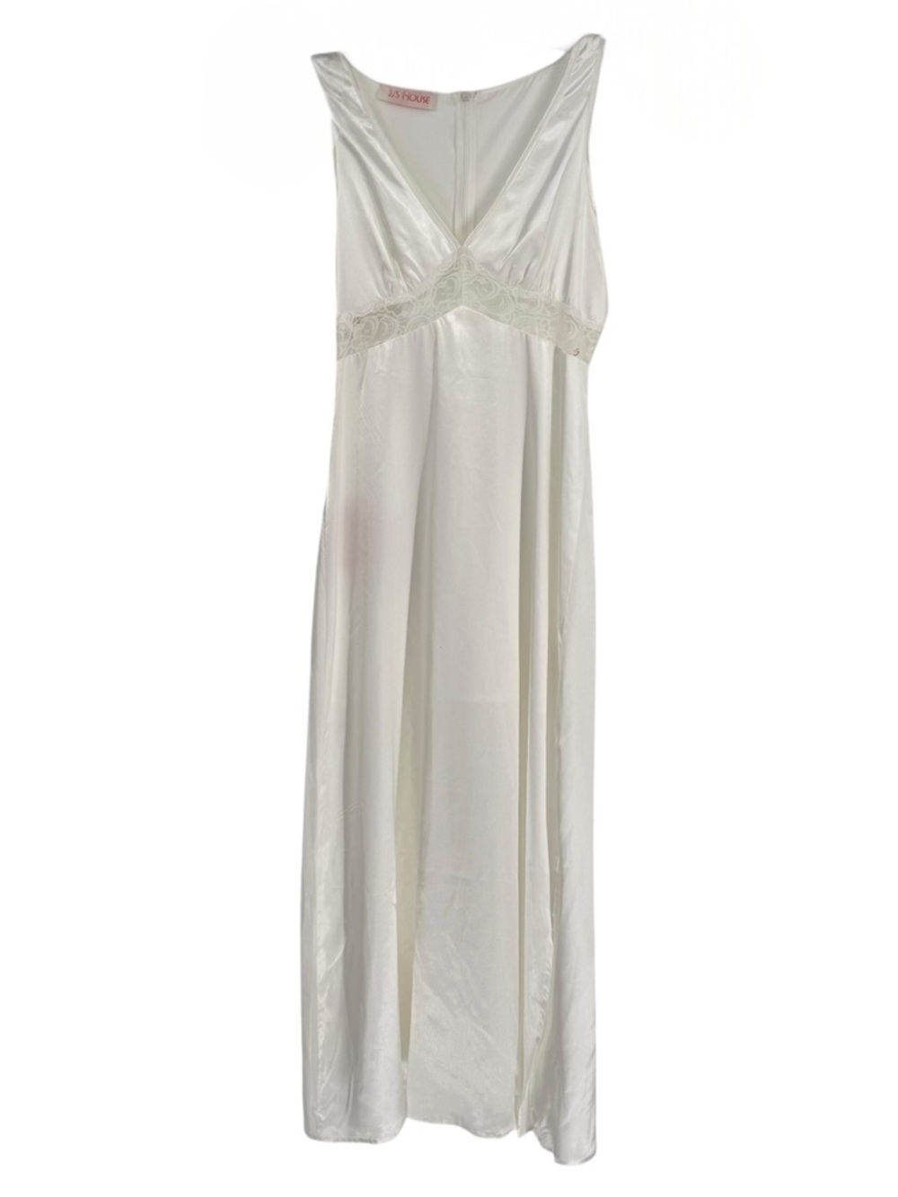 JJ's House NWT Satin Gown Dress Sleeveless Size 4 Ivory V-neck Lace Cutout